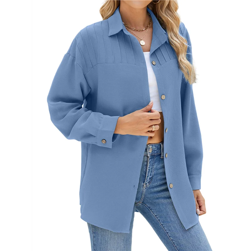 AOAO – Camisas femininas de manga comprida com botões, gola grande, ombro caído, blusa solta texturizada