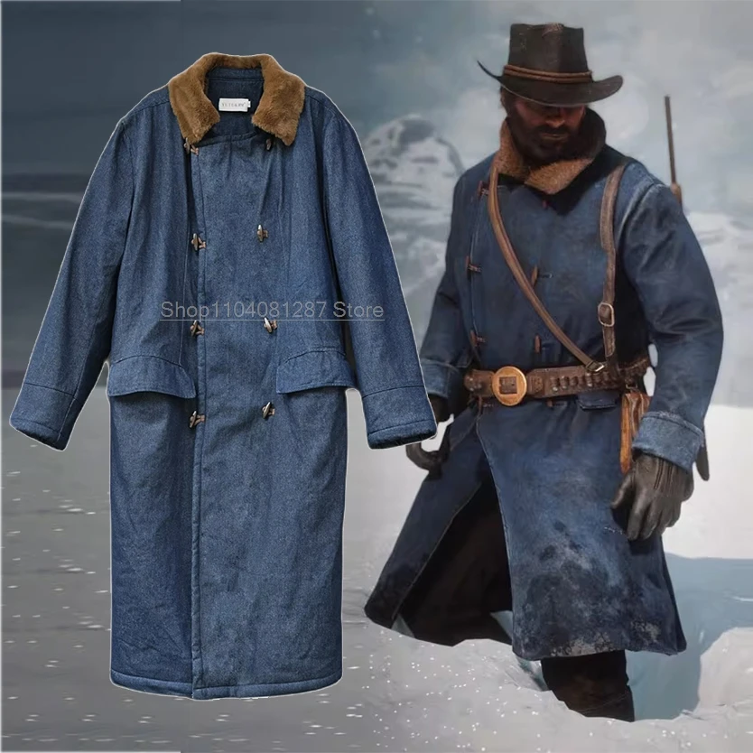 Juego RDR2 Arthur Morgan abrigo vaquero de estilo occidental disfraces Cosplay chaquetas modelo azul de longitud media traje de fiesta de Carnaval de Halloween