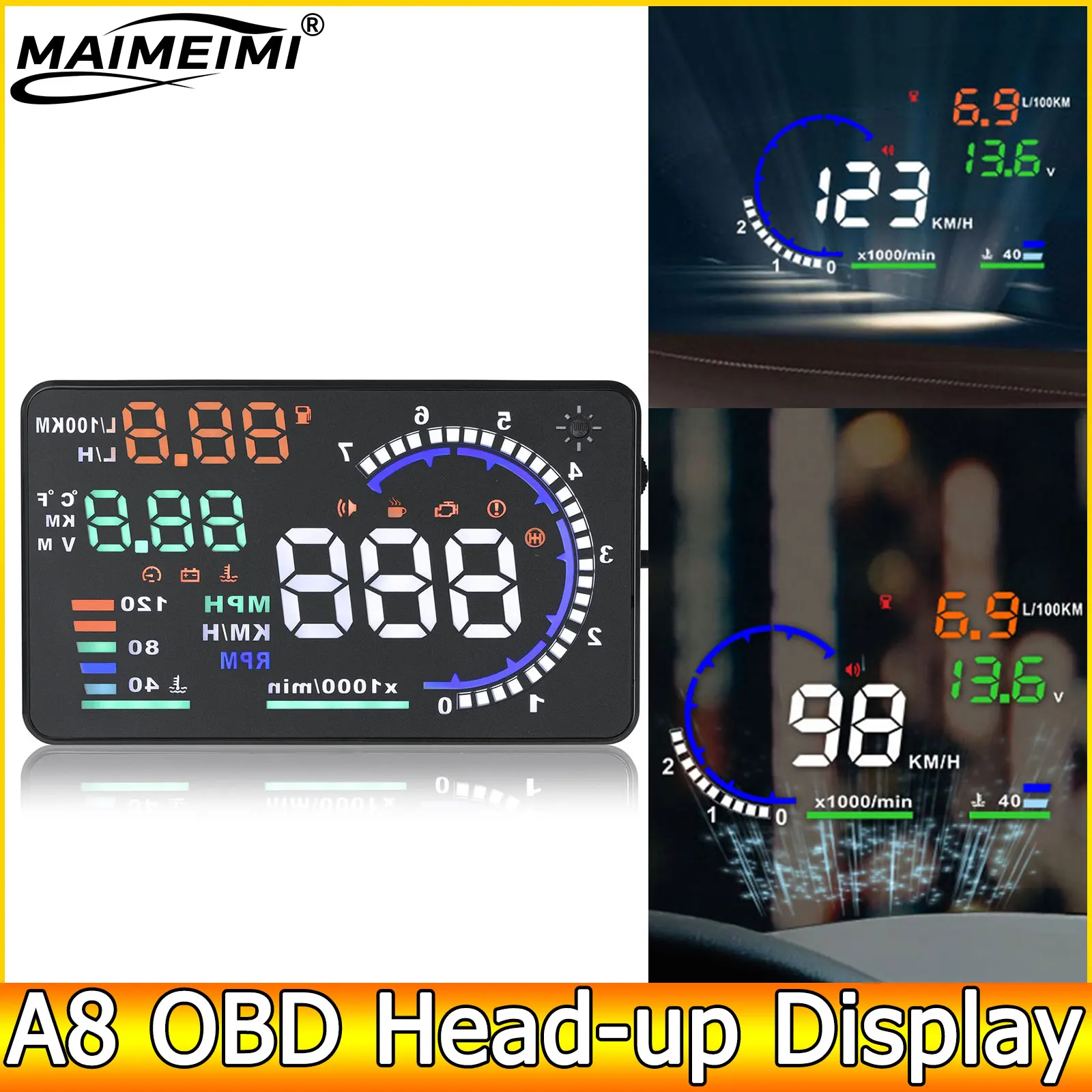 AD Digital Car OBD HUD A8 Head Up Display AUTO HUD OBD Reflect Windshield Screen Projector LED Speedometer Water Temp RPM Meter