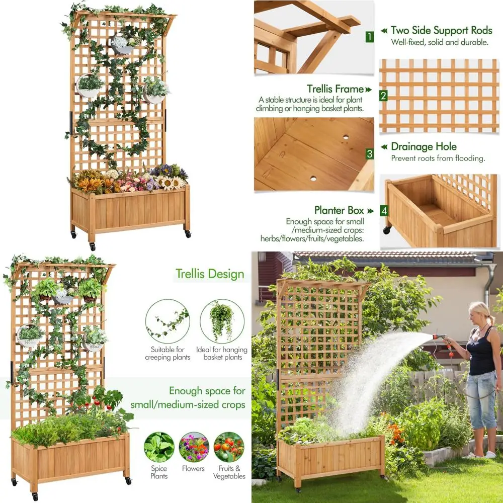 

Поднятый садовый горшок для вьющихся растений на открытом воздухе с дренажем и решетчатой опорой