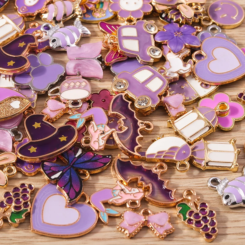 Tusember Mix 30 sztuk emalia Charms fioletowa seria zwierząt serce wisiorki kwiatowe na ręcznie robione akcesoria do wyrobu biżuterii DIY Craft