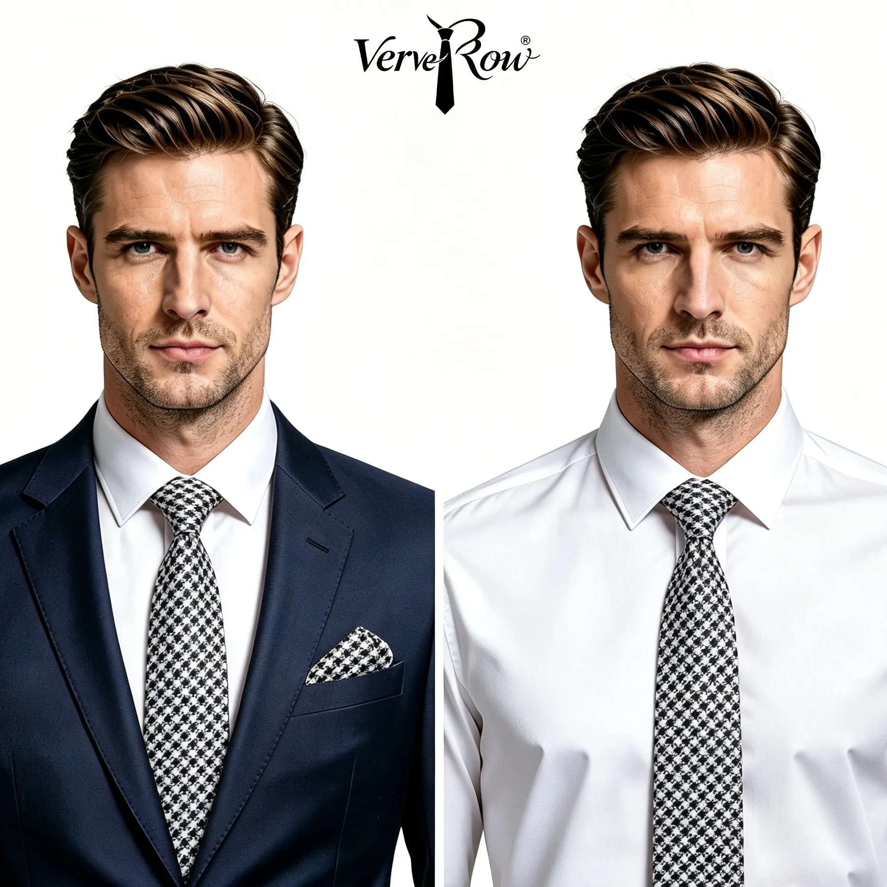 VerveRow Houndstooth Tie Or Pocket Square Set Wedding Business Banquet Soft Fabric Classic Gentleman Fashion Accessory 2Pcs