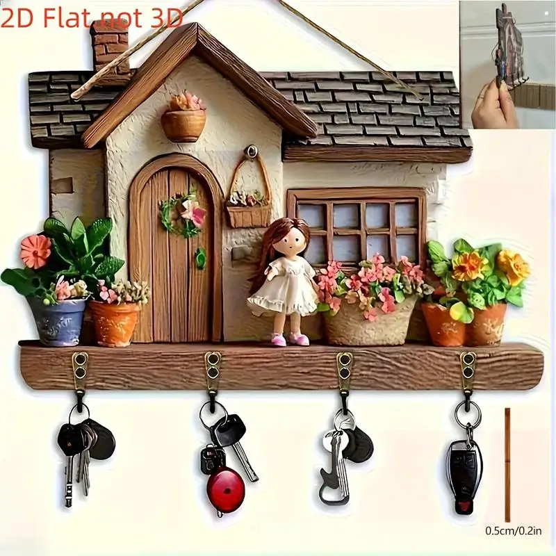 Wall Decor Motorcycle Theme Wooden Key Rack 4 Metal Hooks 2D Flat Design Key Organizer for Bar Garage Man Cave Use