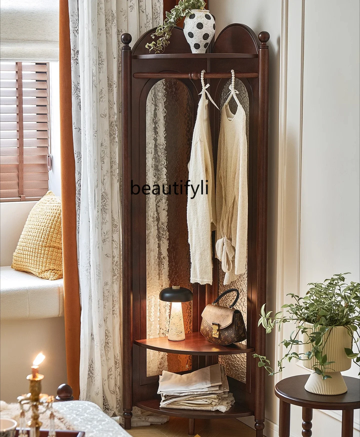 French Style Solid Wood Coat Rack Corner Cabinet Storage Rack Vintage Bedroom 90-Degree Floor-Hanging Clothes Rack