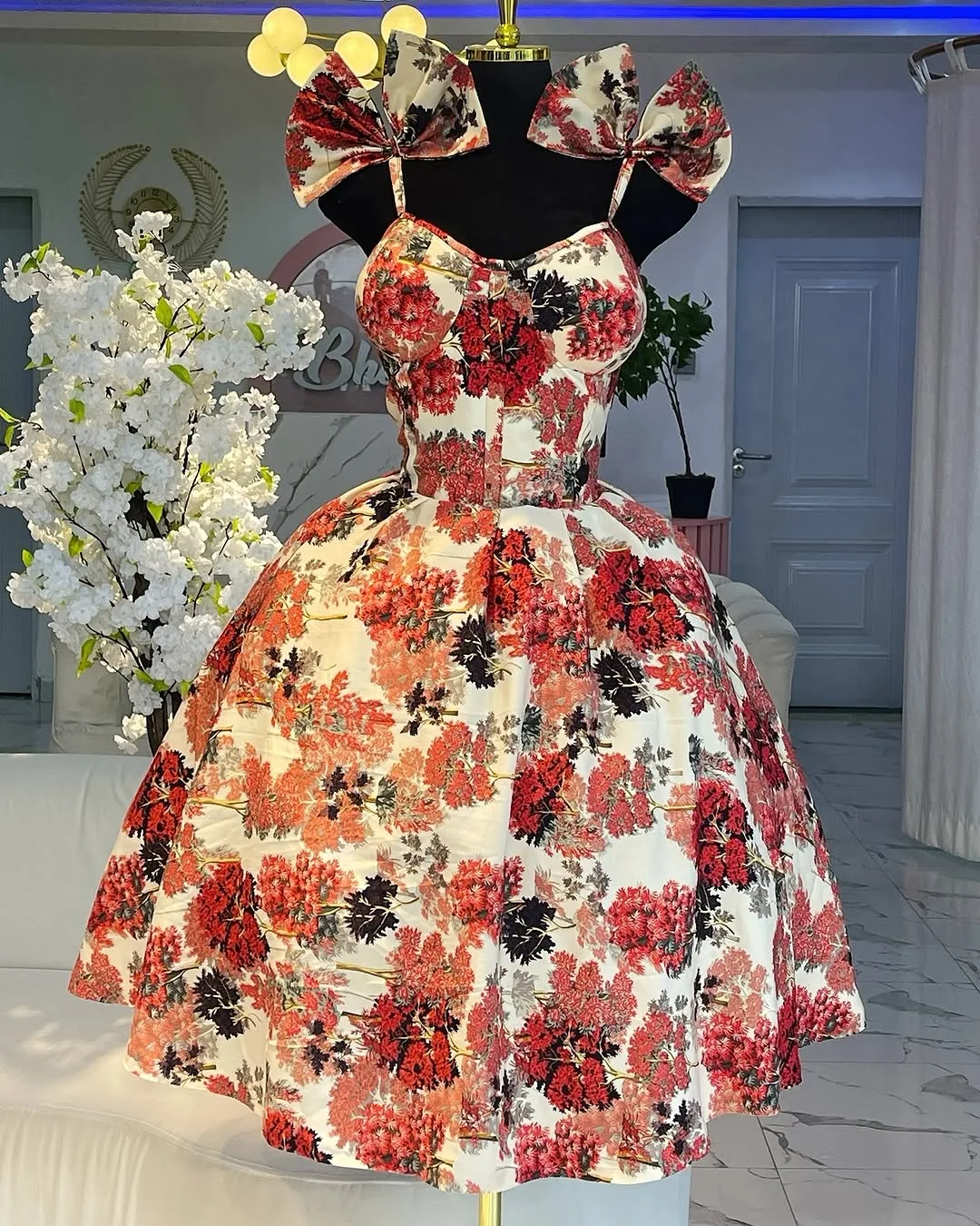 Spring Elegant European American Style Casual  Floral Print Halter Bow Lace-up Dresses High Waist Bowknot A-line Short Dress