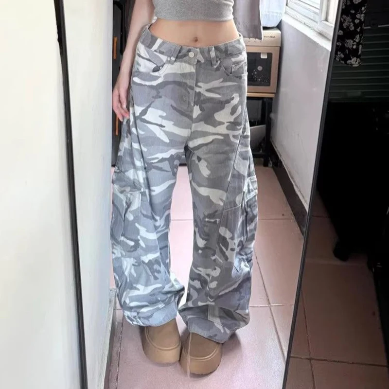 

New Women Fashion Camouflage Jeans Girls High Waist Leisure Denim Pants Female Classic Baggy Straight Leg Trousers