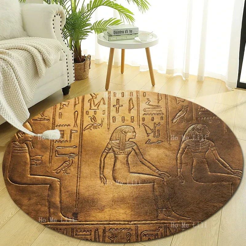 Ancient Egyptian Hieroglyphics And Cleopatra Retro African Ethnic Motifs The Language Of The Last Pharaoh Circular Carpet