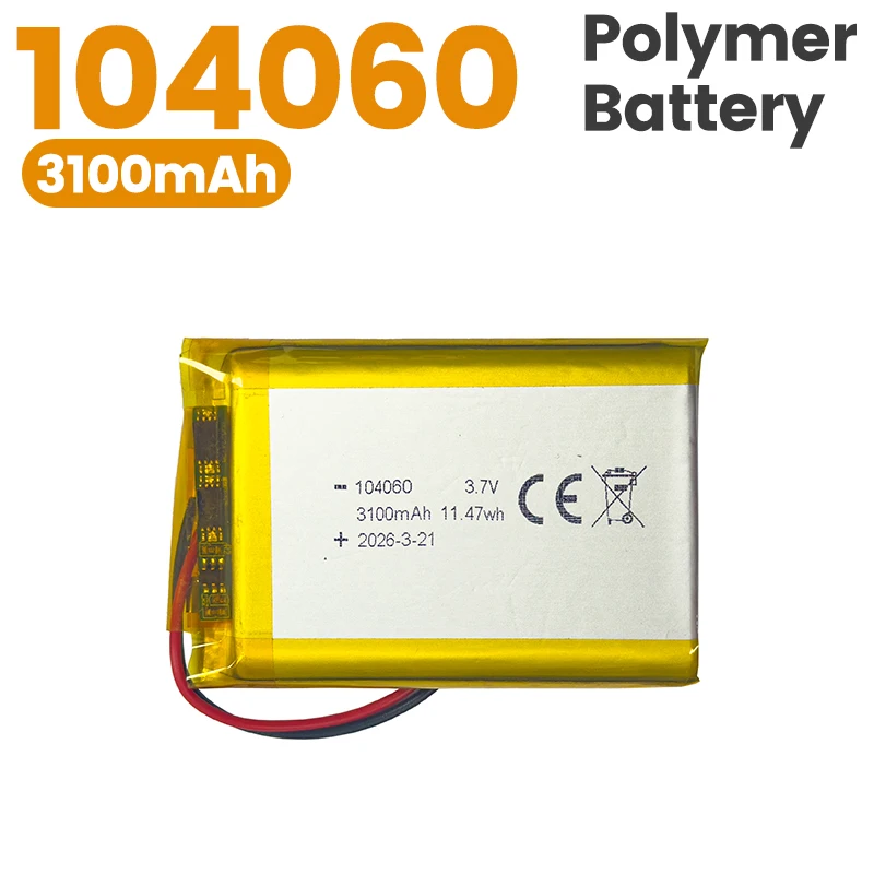 104060 3100mAh Lithium Rechargeable Battery 3.7V Li-ion Polymer Battery for Bluetooth Headset Speaker Monitor Self-Timer PH2.0