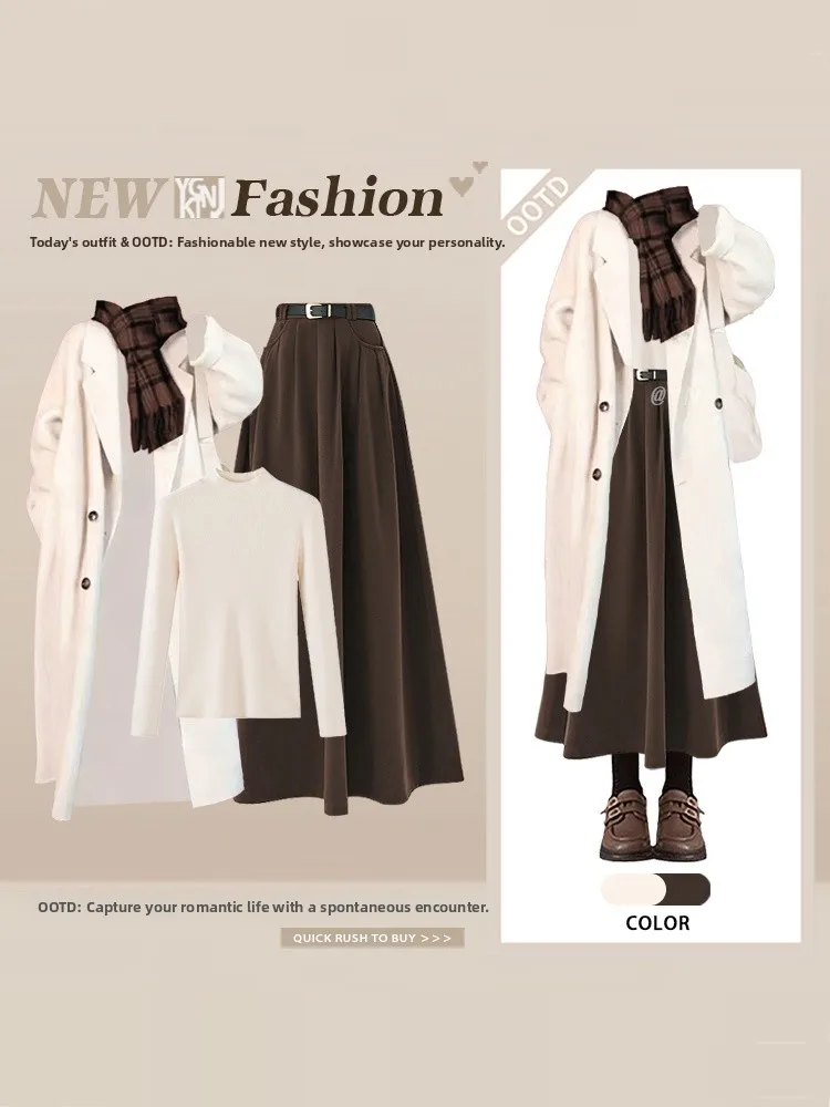 

Korean Sle Long Knitted Coat High Waist Base Layer Top Slimming Skirt Tee Piece Set Winter Faion plus Size Women