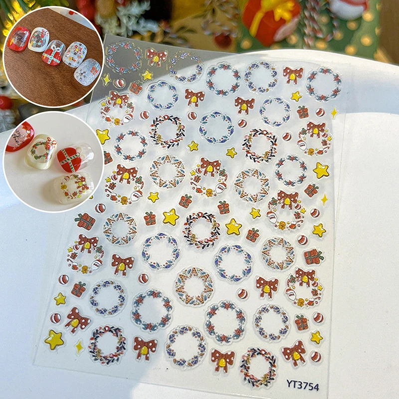 Christmas Wreath Nail Art Stickers Embossed Bow Star Sticker With Self Adhesive Transfer Nail Decorations Slider Decals