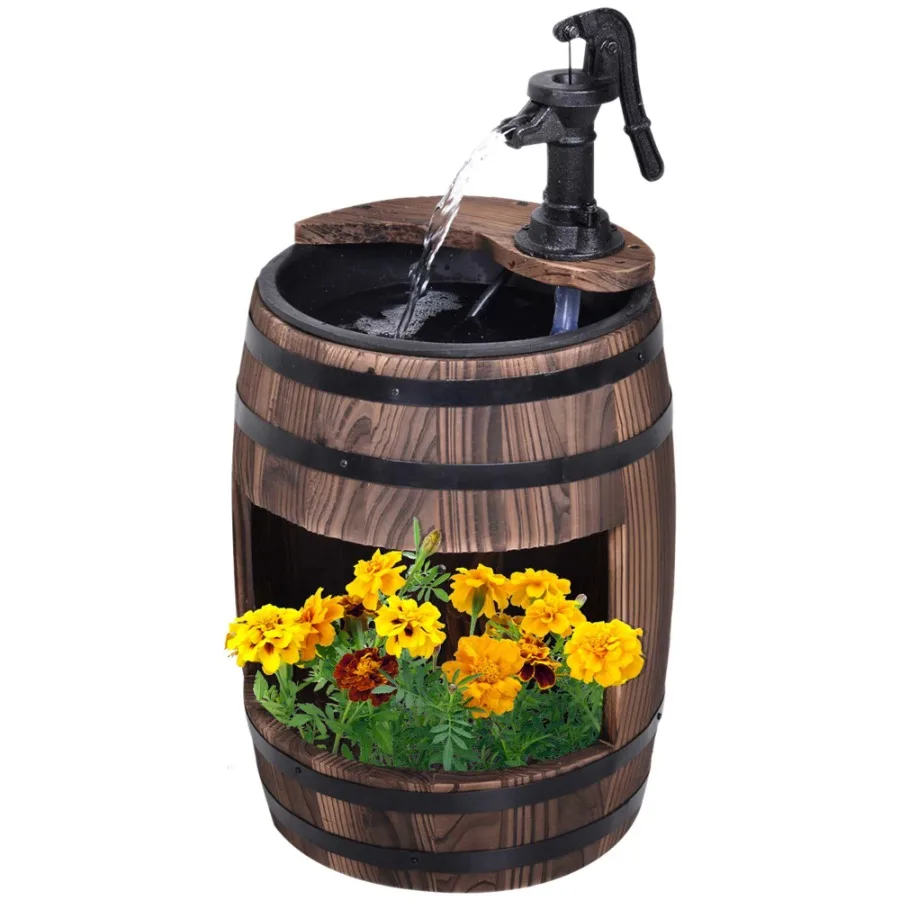 

2Tier Wooden Water Pump Fountain with Flower Box Base Durable Design for Garden Dr