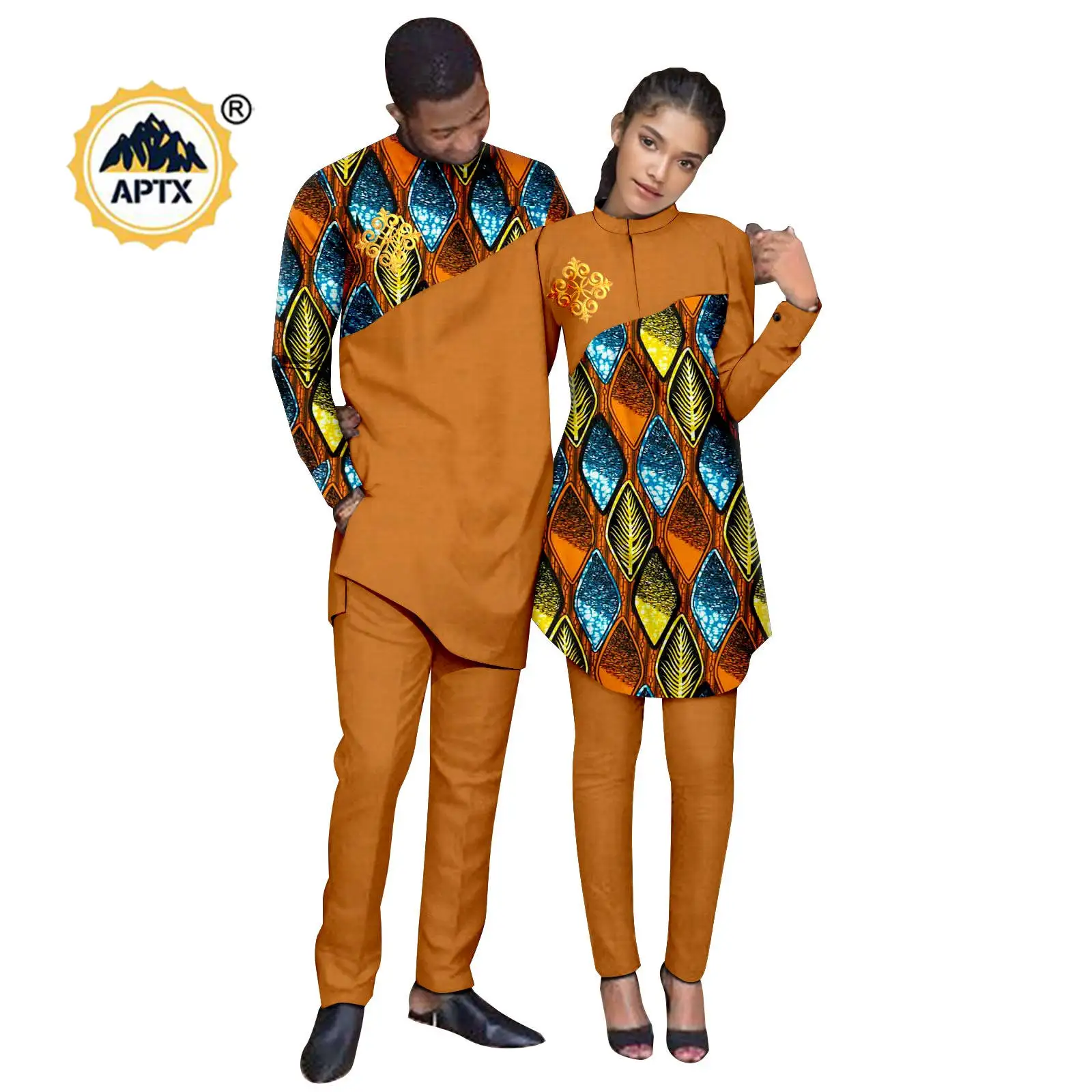 Ropa a juego para parejas africanas, conjunto de 2 piezas con apliques estampados para mujer, Top y pantalón Dashiki, trajes para hombre, boda Bazin Riche 24C079