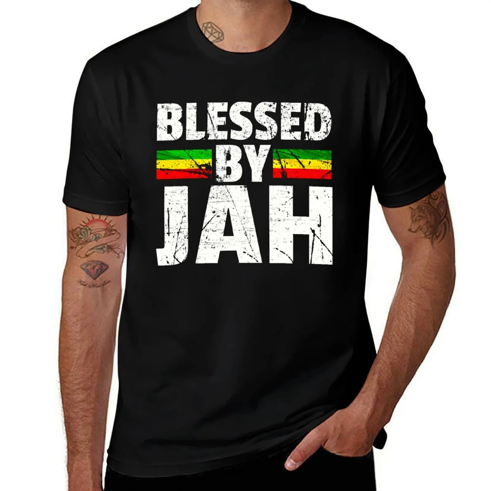 Blessed by Jah Rasta Reggae graphic Gift Jah Bless print T-Shirt cotton t-shirt plain for man package T-Shirt