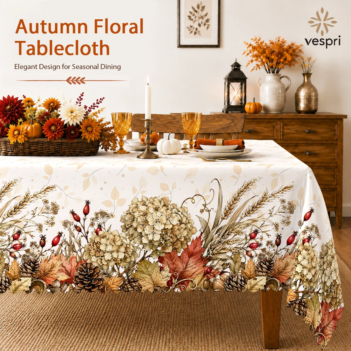 Floral Tablecloth with Hydrangeas and Autumn Leaves for Indoor/Outdoor Camping decor, Rectangular/Round/Oval