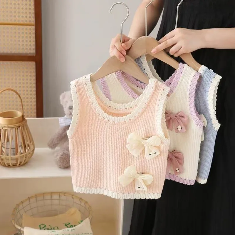 

New Children's Knitted Waistcoat Two Bow Ties Adorable Knit Vest Baby Girls Round Neck Cute Waistcoat Korean Fashionable Design