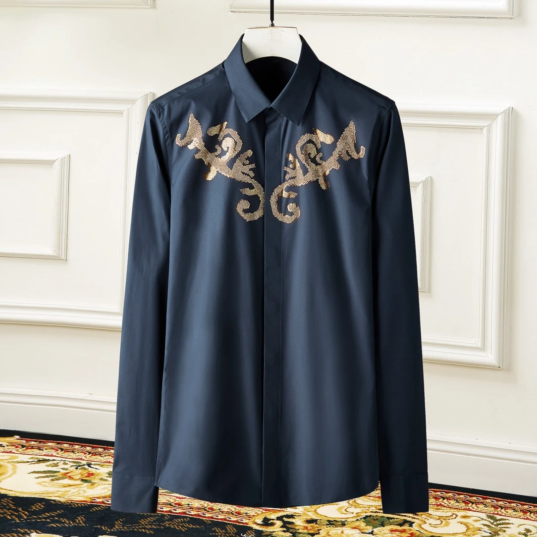 Luxury Royal Diamond Men's Shirt Long Sleeve Casual Shirts Social Business Banquet Party Dress Shirt Retro Streetwear Blouse