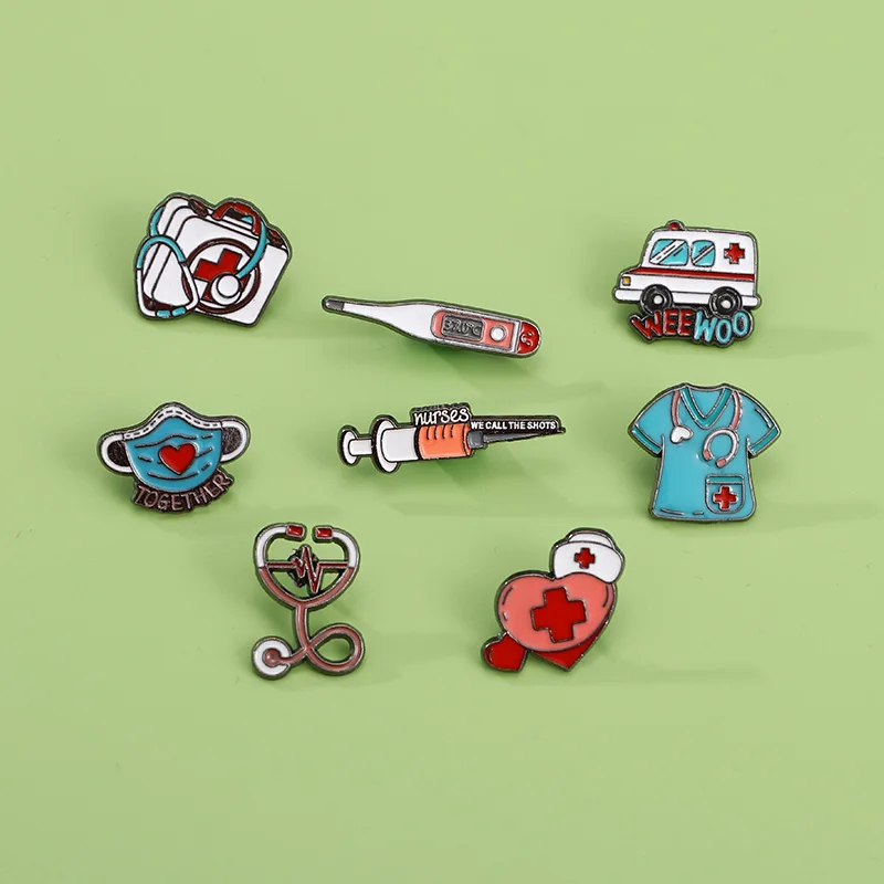 8ชิ้น/เซ็ตเวชภัณฑ์ชุดหมุดหน้ากากขนาดเล็กเข็มฉีดยาเข็มฉีดยาเทอร์โมมิเตอร์รถพยาบาลรูปเข็มกลัดแพทย์เครื่องประดับ