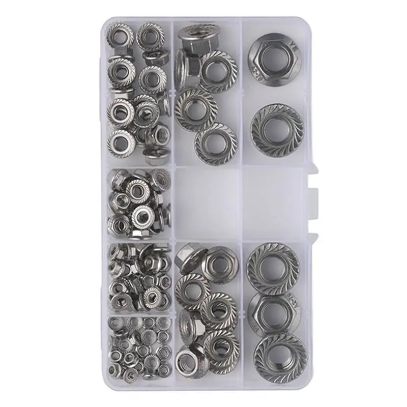 AEE2-100Pcs/Box DIN6923 Flange Nut Hex Hexagon Serrated Spinlock Lock Nut Set Mix Size Stainless Steel