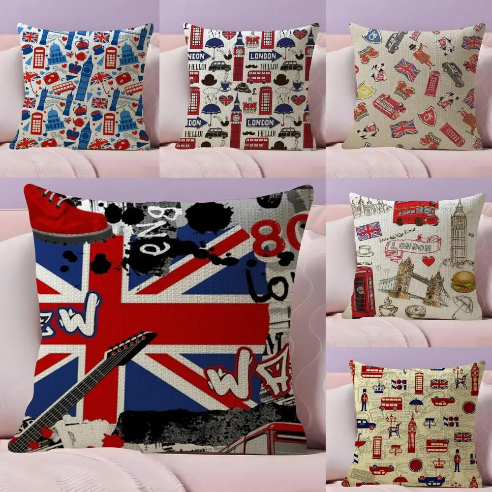 LOVE England Printed Cushion Cover Natural Linen Organic Fabric Double-Sided Printing Sofa Home Decor Gift Pillow Case