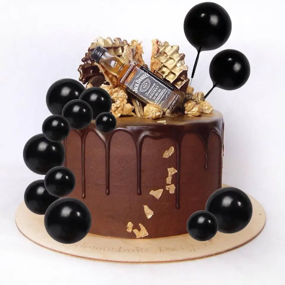 Lot 37 Décorations Gâteau Anniversaire Noir & Or - Boules Mousse + Feuilles Eucalyptus - Mariage, Fête, Saint-Valentin