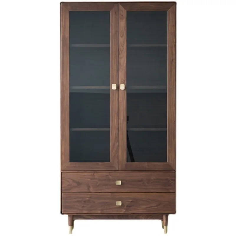 

Walnut solid wood bookcase, living room storage cabinet floor-to-ceiling glass, double-door vertical cabinet Nordic simplicity