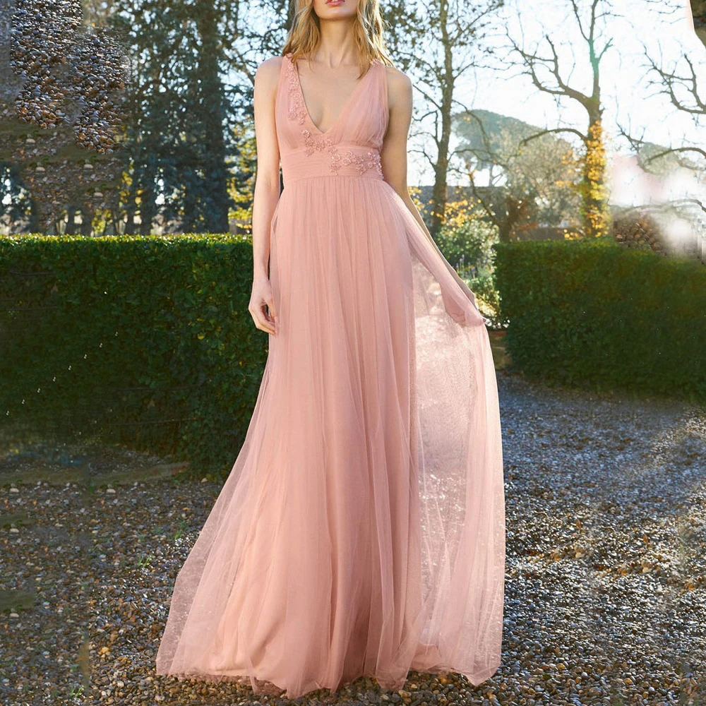 

Customized Elegant Chiffon Draped Sash Applique Criss-Cross A-line V-neck Long Dresses Bespoke Occasion Dresses Casual Fashion