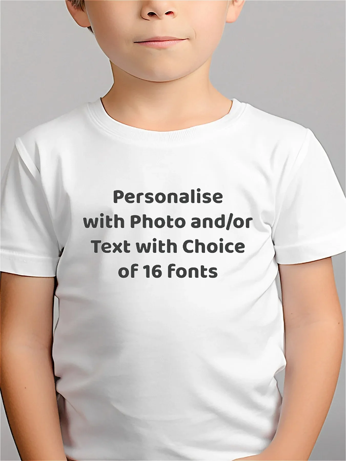 Boys' T-shirt personalise with photo and/or text with choice of 16 font letter print Versatile soft round neck short sleeved top