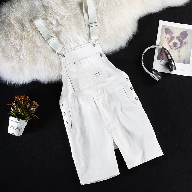 Men White Denim Bib Overalls Shorts Loose Big Pocket Cargo Dungarees Summer Casual Jumpsuits Coveralls