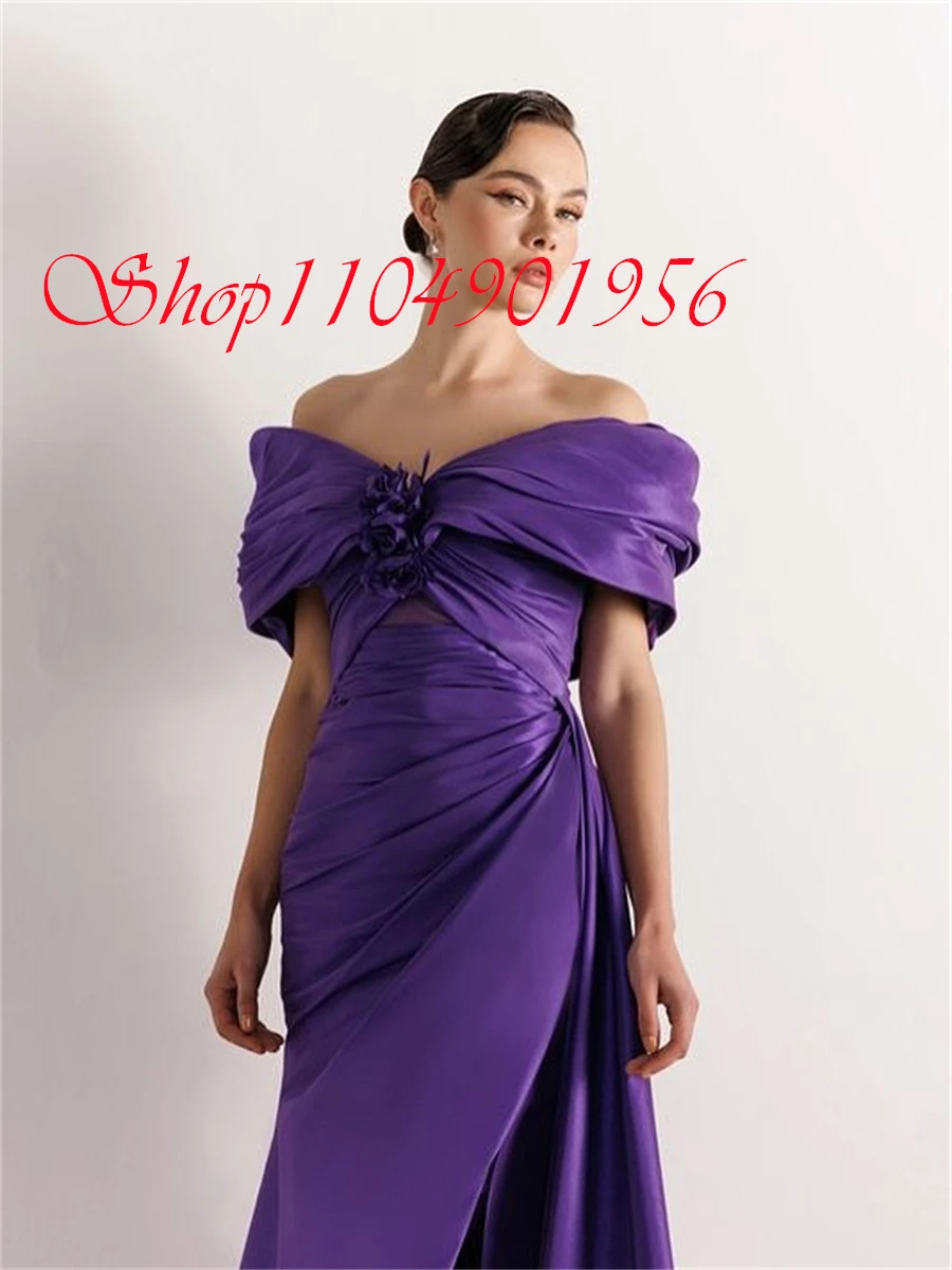 

Customized Elegant Blue-purple Satin Evening Dress Delicate Strapless Off the Shoulder Short Sleeves Lace Up Back Cocktail Dress