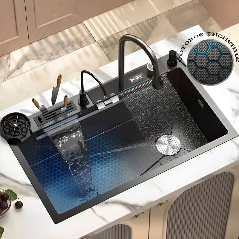 

Whale Flying Rain Waterfall Sink 304 Stainless Steel Kiten Emed Large Single Multi-function Vegetable Washing Basin.