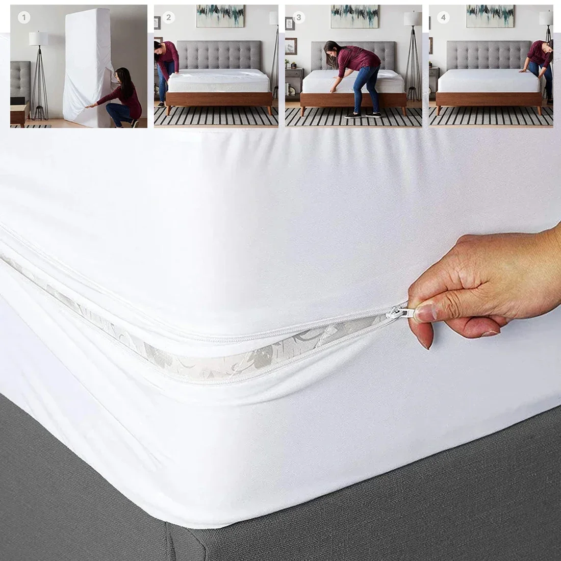 Waterproof Mattress Cover with Zipper Ultra Soft Terry Surface Thick Mattress Protector Single or Double Bed cubierta de colchón