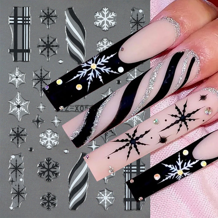2 uds copo de nieve pegatinas navideñas para decoración de uñas negro blanco copo de nieve y líneas deslizadores de uñas de Navidad suministros de decoración de manicura DIY