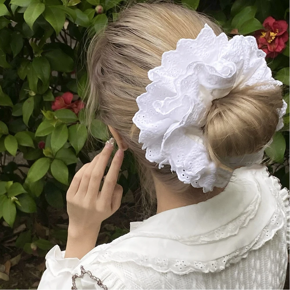 Korean Lace Cotton Pleated Scrunchies Black White French Retro Large Hair Bands Big Size Lolita Hair Rope Ties Ponytail Holder