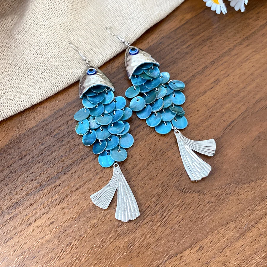 جولة الطبيعية شل استرخى أقراط رواية المحيط الأسماك شكل طويل شرابة انخفاض القرط للنساء سحر الأذن السنانير مجوهرات الحفلات K1