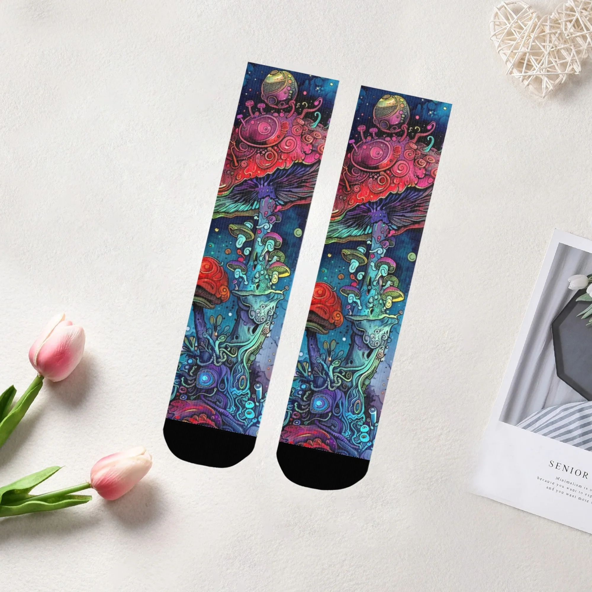 

Красочные фэнтезийные мужские носки для экипажа, забавная новинка, мягкие дышащие теплые нескользящие носки с грибами и мультяшным принтом для всех сезонов