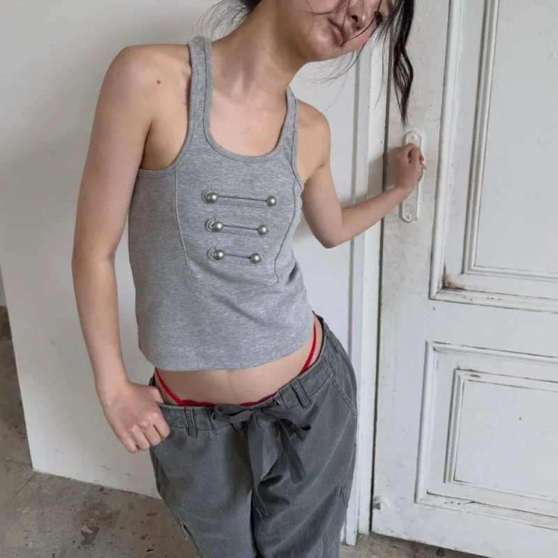 Y2K Millennium Hot Girl I-shaped Tank Top with Metal Buckle Decoration, Slim Fit Short, Elastic Inner, Sleeveless Strap Top