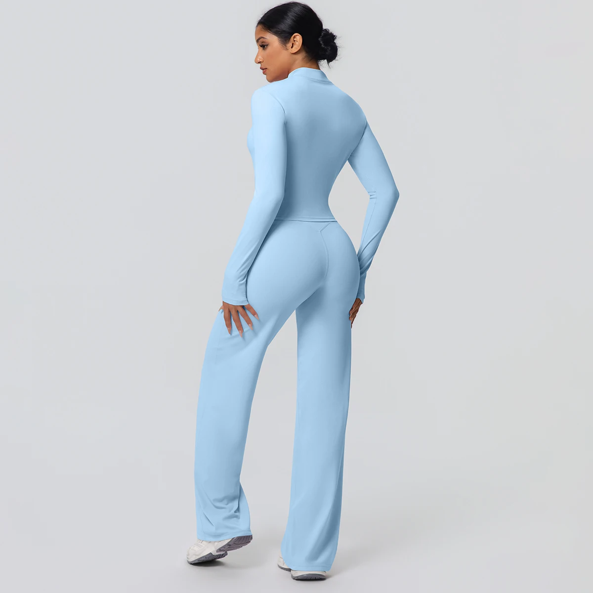 2 stück Schnell Trocknend Sport Fitness Kleidung Yoga Set Frauen Yoga Zipper Lange Ärmel Hohe Taille Atmungsaktive Breite Bein Hosen set – Detail 36