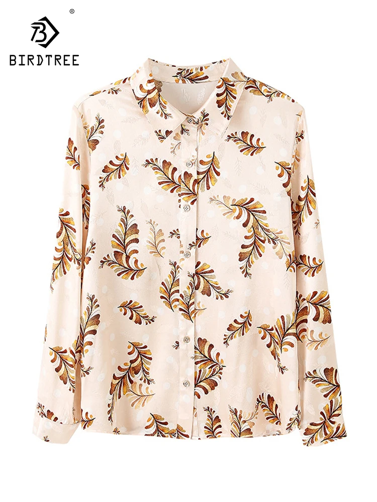 

Birdtree 90% Silk 10% Spandex Vintage Shirt Women Long Sleeve New 2023 Autumn Thin Jacquard Office Lady Printed Blouse T30530QC