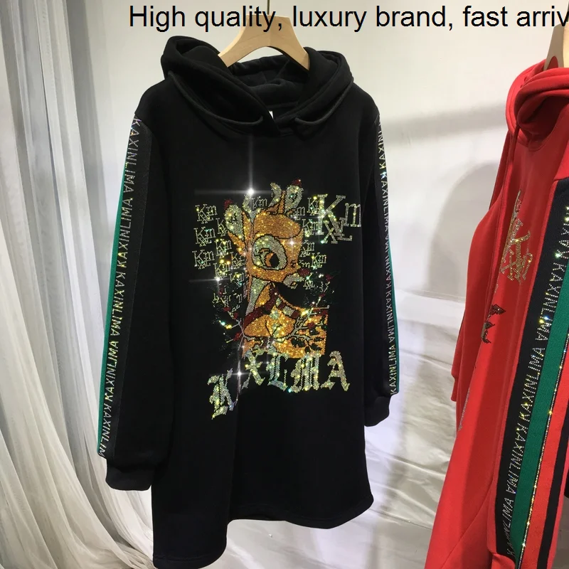 

Hooded Pullovers Mid-long Sweater Dresses for Women Flashing Hot Drilling Bear Red Autumn Winter Sweatshirt Trendy Loose Hoodies