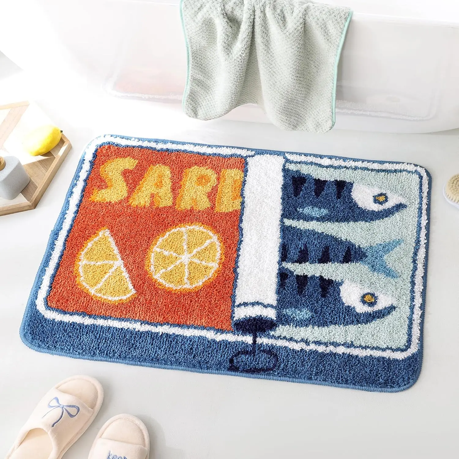 

Sardine Can Bath Mat, Blue Soft Washable Non-Slip Rug for Bathroom Bedroom Kitchen with Funny Cartoon Fish Lemon