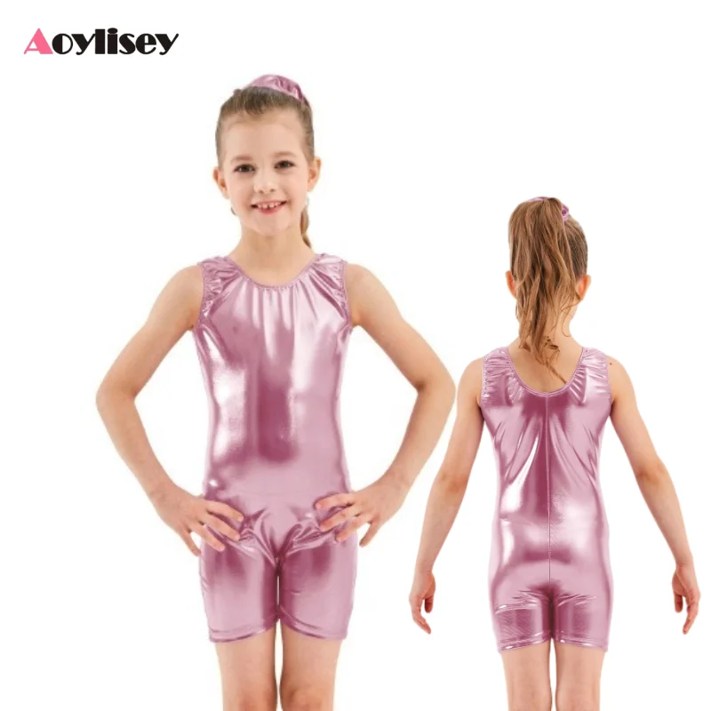

Kids Tank Biketard Unitard Shiny Metallic Gymnastics Leotard Ballet Bodysuits Training Competition Stage Performance Costumes