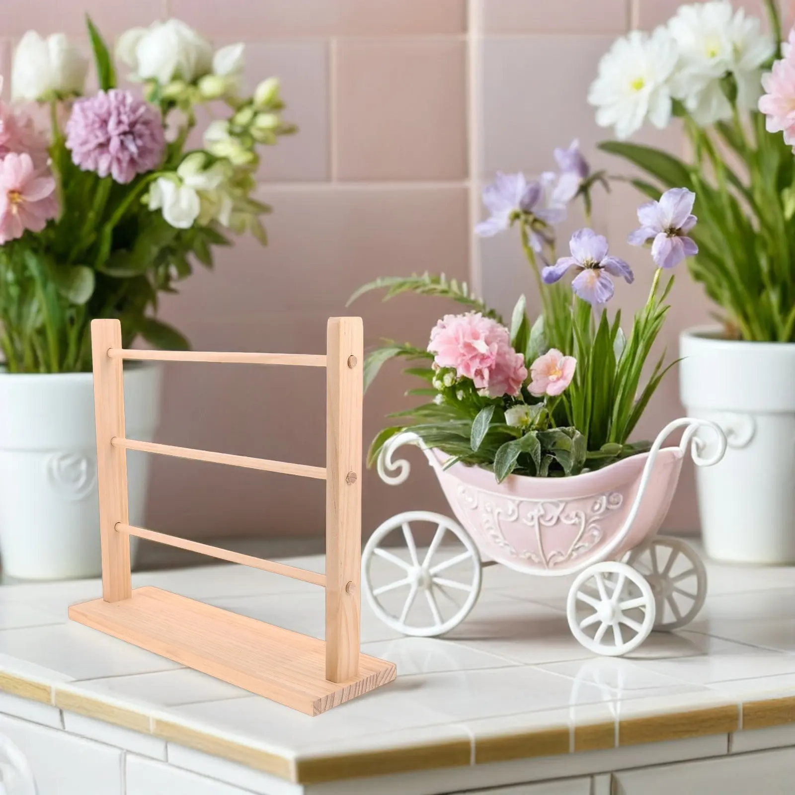 Wooden Ribbon Storage Rack Multi Tier Solid Wood Ribbon Organizer Shelf for Florist Cake Shop Craft Room Washi Tape Jewelry