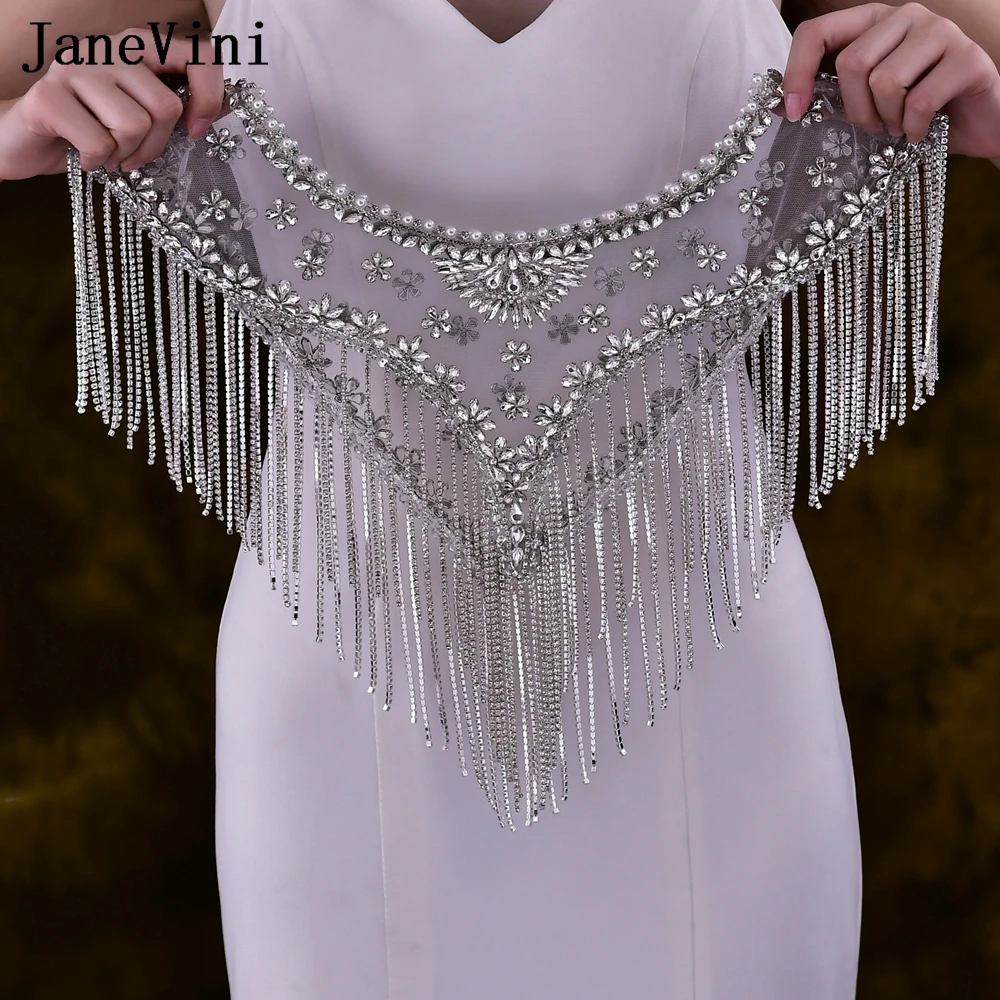 Janevini Luxe Bruiloft Bruids Cape Met Strass Kwastjes Kettingjurk Jas Bolero Hochzeit Top Avondfeest Bruid Shawl Wrap