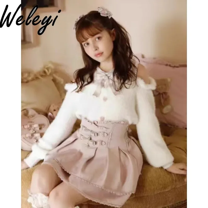 

Super Sweet Women's Sweaters Autumn and Winter Cute Versatile Fluffy Off The Shoulder Lace Slim Fitting Long Sleeve Short Sueter