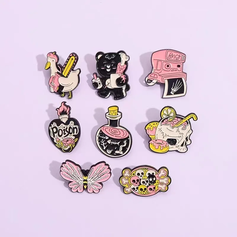 Magic Poison Enamel Pins Pink Butterfly Moth Bear Skeleton Brooches Lapel Badges Gothic Jewelry Gift For Kids Friends Wholesale