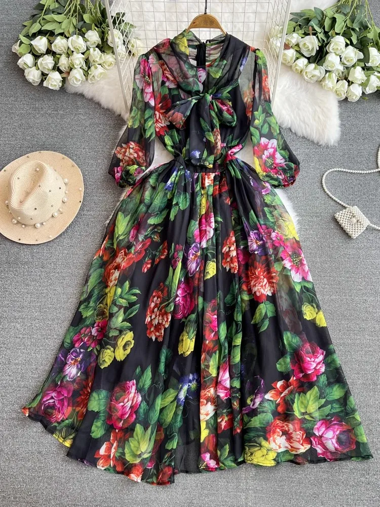 

Spring Summer Holiday Gorgeous Flower Dress Women's Bow Neck Lantern Sleeve Flower Print Long Chiffon Bohemain Robe Vestido