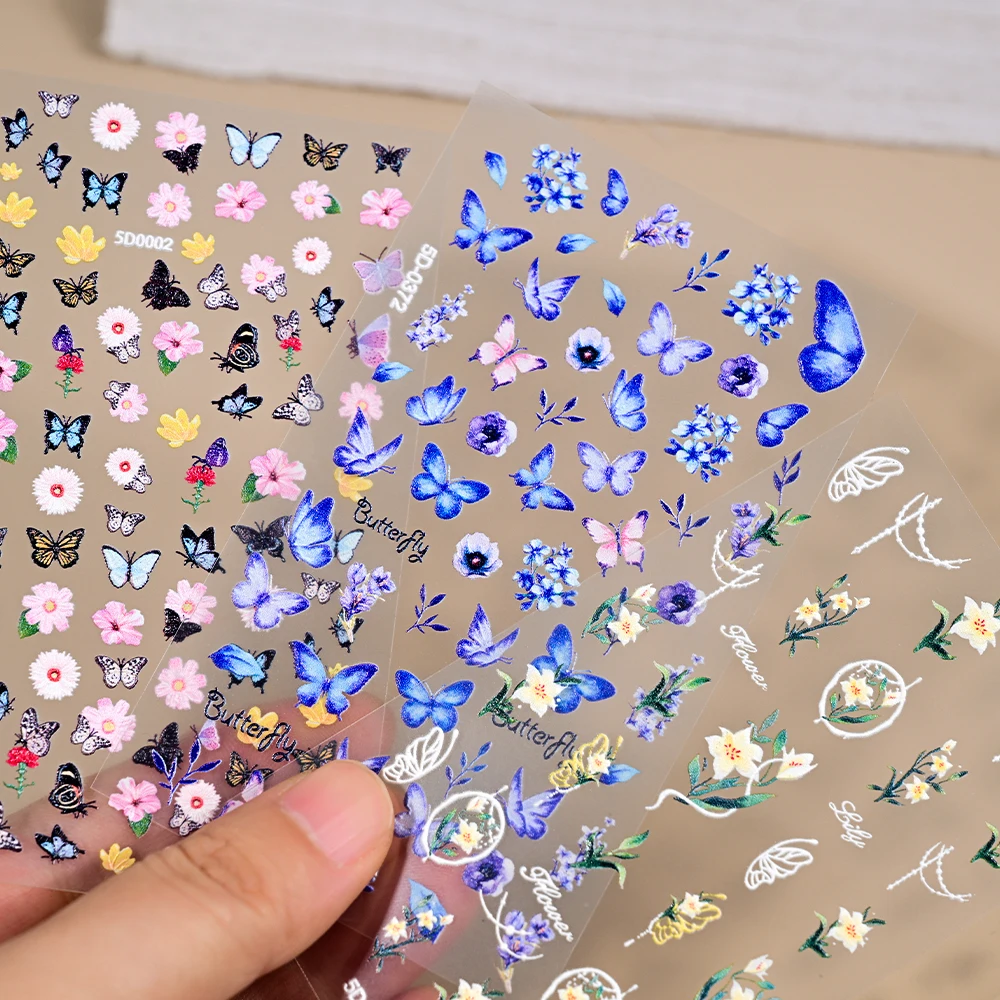 1sheet 5D Embossed Butterfly Nail Art Stickers Purple Butterflies/Floral Nail Art Decals Self-Adhesive Rose Flower Manicure Diy