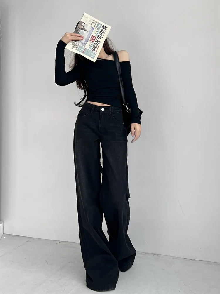 로우 웨이스트 와이드 레그 플로어 렝스 디스트레스드 데님 팬츠 여성용 블랙 아메리칸 레트로 핫 걸 롱 트라우저 슈퍼모델 다리