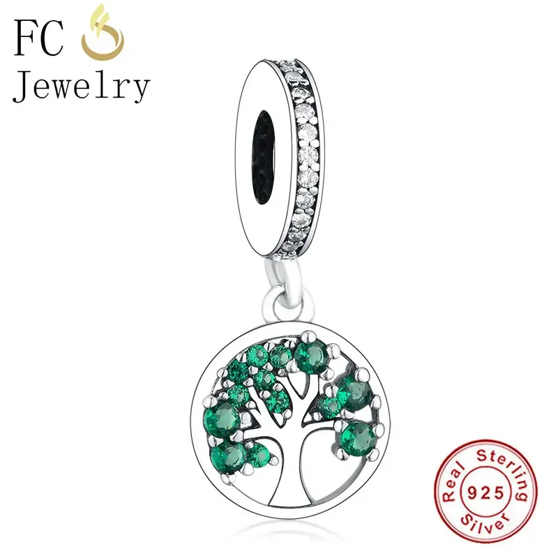 

FC Jewelry Fit Original Pan Charms Bracelet 925 Silver Tree Green Micro Pave Natural Zircon Stone Bead Reflexion Berloque DIY