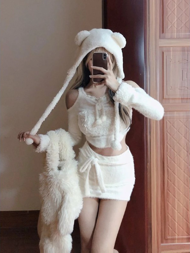 2023 Winter Kawaii Fashion 3 Piece Set Japanese Style Warm Suit Woman Casual Blouse + Y2k Mini Skirt + Cute Hat Solid Clothing